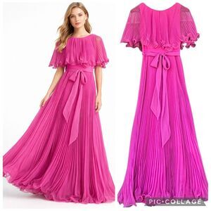 Vintage 80s Miss Elliette Pink Pleated Chiffon Maxi Dress Size 8 Retro Party Cap